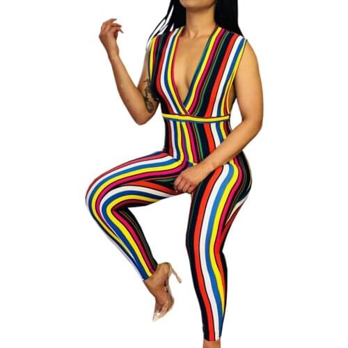 Sexy Women Jumpsuit Summer 2018 CHEAPEST Body Femme Long Bodysuit Overalls F0599 Strip Print Deep V Neck