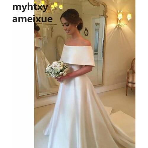 Princess 2020 A-line Off Shoulder Red Wedding Dress Robe De Mariage Short Sleeve Satin Vestido De Noiva Backless Bridal Gown