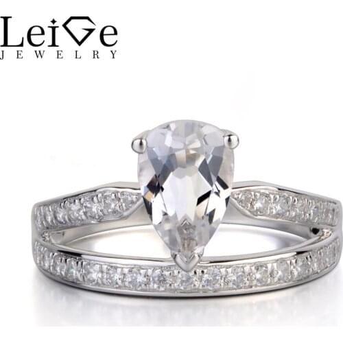 Leige Jewelry Pear Cut Natural White Topaz Ring Tear Drop Wedding Engagement Rings for Women Sterling Silver 925 Jewelry