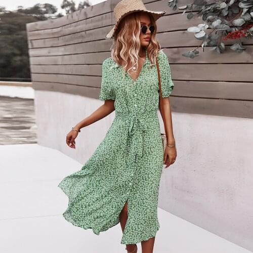 Ladies Vintage Maxi Floral Print Summer Dress Women Casual High Waist Button Bohemian Bandage Women Beach Dress Female Vestidos