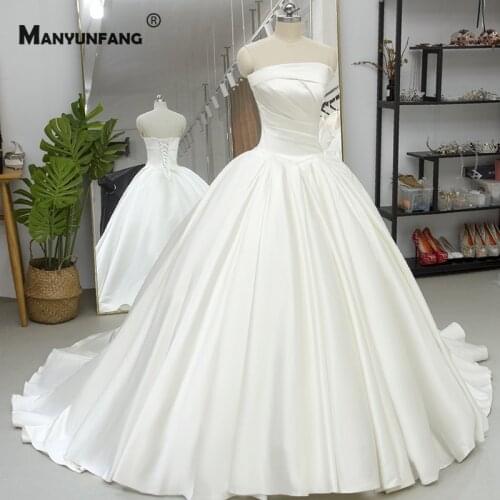High-End Strapless Lace Up Back Chapel Train Wedding Dress Custom Made Sleeveless Satin Bridal Ball Gown Robe De Mariée 2021