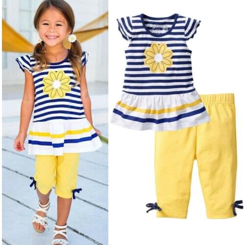 Toddler Kids Baby Girls Kid Clothes Set Summer Striped Short Sleeves Round Neck Daisy T-Shirt Pants Clothing Outfits 2Pcs