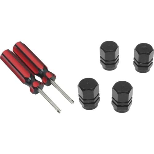 4PCS Alu Valve Caps for Tires of Bicycle, Motorcycle, Car - Black with 2PCS Tool Demonte Valve Tire 10cm