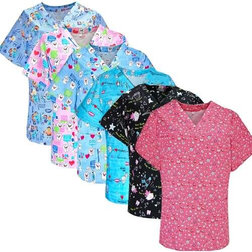Women Scrubs Tops Cute Teeth Print Nursing T-Shirt Casual Short Sleeve Women Scrubs Uniforms Nurse V-neck Pocket Women Clothes