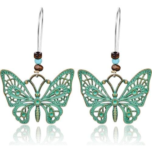 HC Vintage Bohemia Big Butterfly Women Drop Earrings Charm Ethnic Jewelry Antique Green Metal Statement Insect Dangle Earrings W