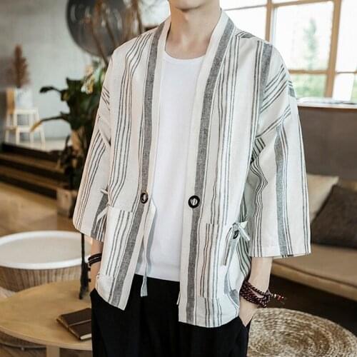 Kimono Cardigan Men Yukata Fashion Cotton Kimono Casual Shirt Jacket Linen Coat Japanese Kimono Traditional Asian Clothes 30578