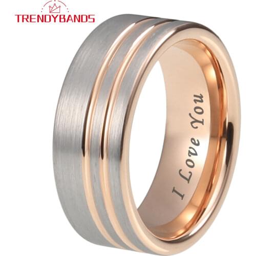 8MM Womens Mens Rose Gold Rings Tungsten Carbide Ring With Offset Double Grooves And Flat Band