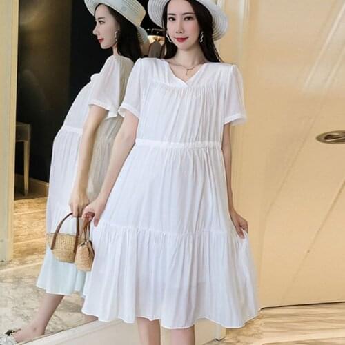 Cute Chiffon Pleated Drawstring Maternity Dress V-Neck Sweet Lovely Clothes for Pregnant Women Pregnancy White Blue 2021 Summer