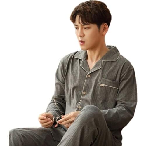 Mens Pyjamas Sleepwear Cardigan Lapel Cotton Long Sleeve Pants Set Plus Size Pajamas Home Clothes