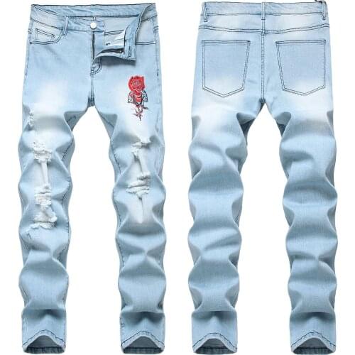 Men’s high quality elastic denim pants ripped blue&black jeans men slimming embroidery casual jeans