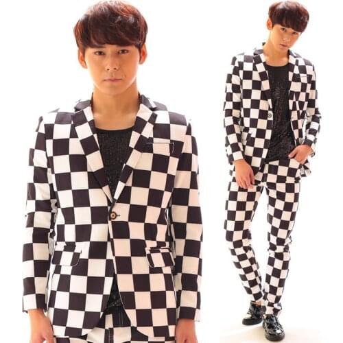 Concert Jazz Dance Black And White Plaid Suit Jacket +Pants For Male Performance Clothing Nightclub Bar Singer Host Wear DWY2721