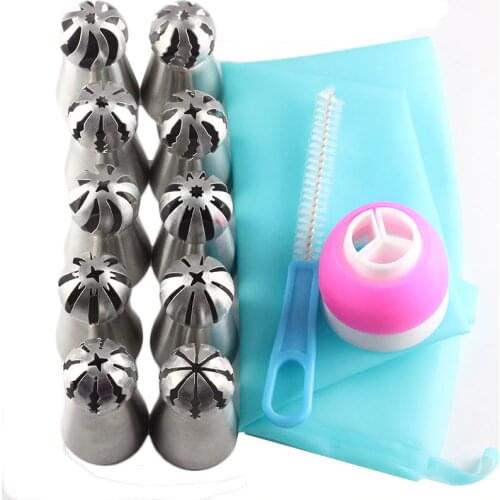 Mujiang 13Pcs/Set Russian Icing Piping Tips 1 Pcs Silicone Bag 1 Coupler Sphere Ball Nozzles Brush Cake Decorating DIY Dessert