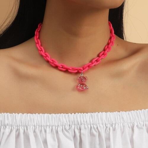 Cute Acrylic Fluorescent Color Bear Necklace for Women Hip Hop Thick Chain Pendant Choker Fashion Trend Jewelry Gifts for Girls