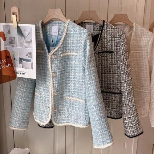 Vintage Tweed Plaid Jacket Women Plus Size Elegant Slim O-Neck Single Breasted Short Coat Spring New Fashion Chic Woolen Outwear