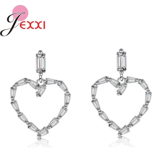 Clear High Quality Cubic Zirconia Stones Filled Big Heart Shaped Women 925 Sterling Silver Drop Earrings Female Wedding