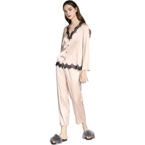 Silk Pajamas Women Spring Autumn Lace Sleeve Trousers Home Dress