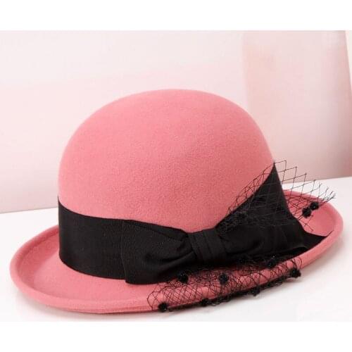Lady Wool Fedoras Hat Women Retro British Curling Hats Girls Bowtie Wool Cap Version Bow Wool Basin Hat Leisure Joker B-8926