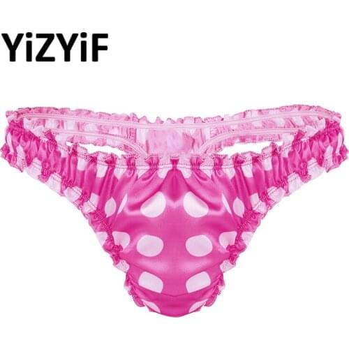 Men Polka Dot Ruffled Panties Sissy Low Rise Soft Satin Bikini G Strings Thongs Men Penis Pouch Thong Gay Men Underwear Briefs