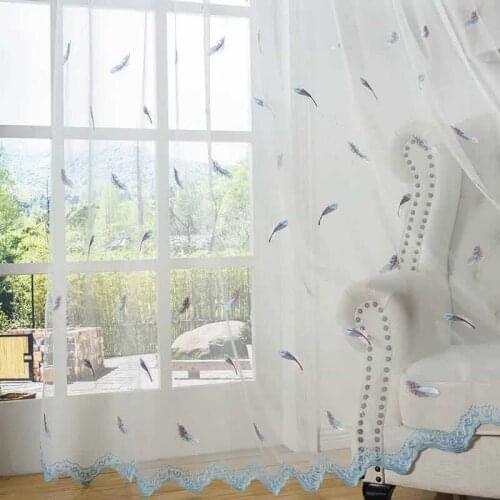 Nordic Style Tulle Sheer Colorful Feather Embroidery Window Curtains for Home Living Room Decoration in the Kitchen Cafe Curtain