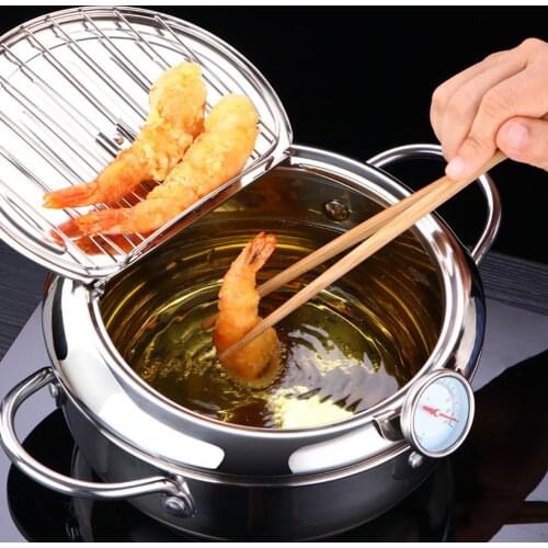 Japanese tempura frying pan with thermometer cover stainless steel kitchen frying pan cookware 304 stainless steel frying pan