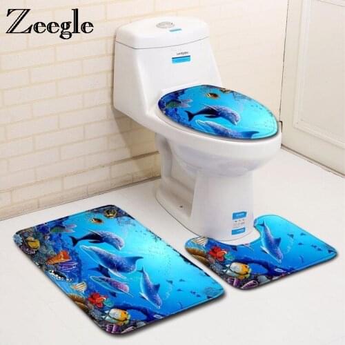 Zeegle 3PCS Sea World Bathroom Mat Set Flannel Bathroom Floor Rugs Cushion Toilet Seat Cover Bath Mat Bathroom Carpet Shower Mat