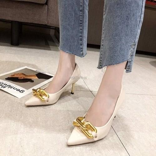 Womens Shoes Pointed Toe Leather Shoes 2021 New Spring Fashion Metal Decoration Thick Heel Low Heel Casual Shoes