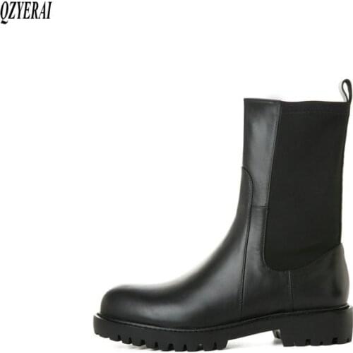 QZYERAI black Riding boots Genuine leather Female boots Round head Womens boots Autumn winter cowhide Womens shoes Size 34-43