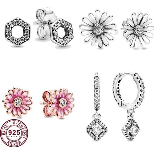 2020new 925 серьги Silver Daisy Flower Square Sparkle Honeycomb Hexagon Pan Earrings Studs For Women Gift Diy Jewelry