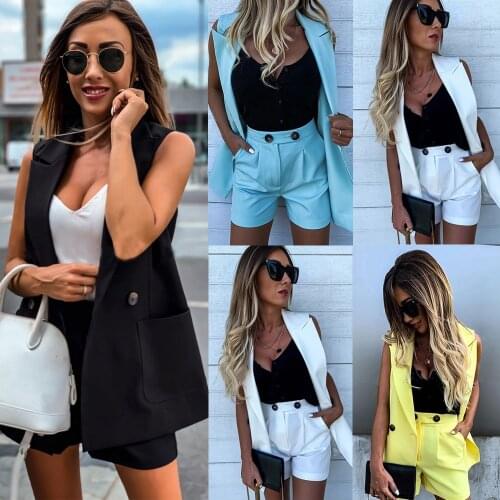 Women Sleeveless plaid button up elastic waist Blazer Top and pocket short Set Elegant Office Ladies Suits Women Workwear D30