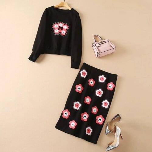 High Quality Sweatshirts Sets 2021 Autumn Winter 2 Piece Sets Women Floral Embroidery Sweatshirt Tops+Midi Skirt Sets Track Suit