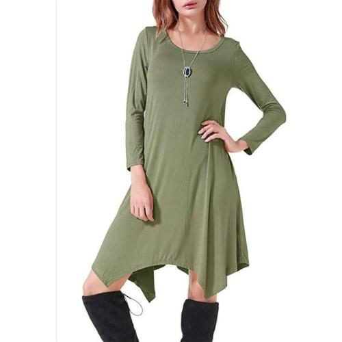 2021 Fall Womens Dress Fashion Long Sleeve Round Neck Casual Pocket Long Sleeve Dress Women Irregular Long Sleeve Party Dress