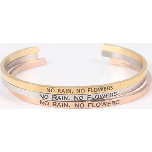 Gold Silver Rose Gold Bracelets for Women NO RAIN NO FLOWERS Bangle Bracelet Stainless Steel Personalized Engraved Unisex Gift
