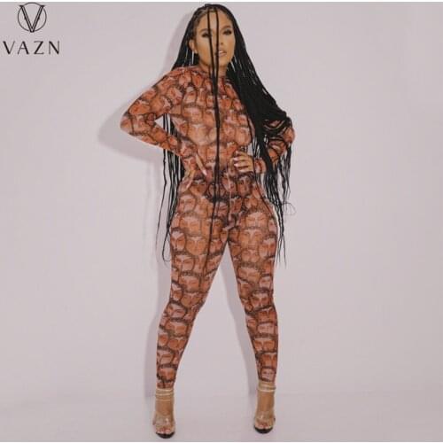 VAZN 2021 Autumn See Through Lace Parity Special Vintage Sexy Club Full Sleeve Soft Women High Waist Skinny Pencil Jumpsuits