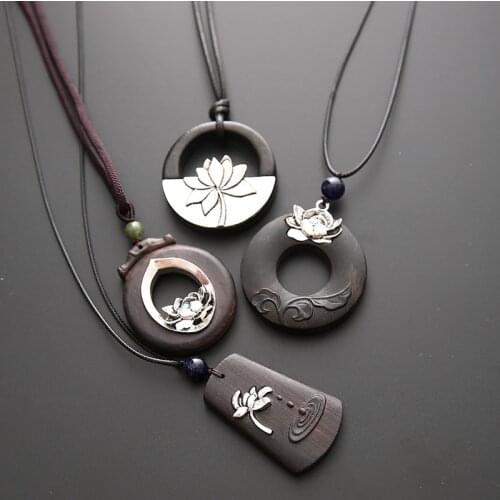 4 Styles Handmade Vintage Yoga Lotus Charms Pendant Necklaces for Women Lucky Rope Long Wooden Necklace Female Buddhist Jewelry