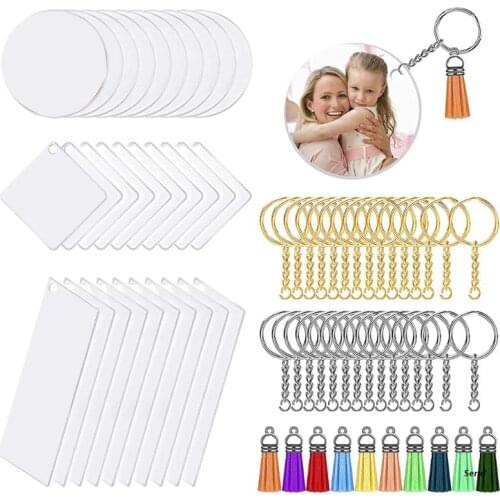 Acrylic Keychain Blank Acrylic Transparent Ornament Pendants and Round Keychain Tassels Jump Rings Set for DIY Craft
