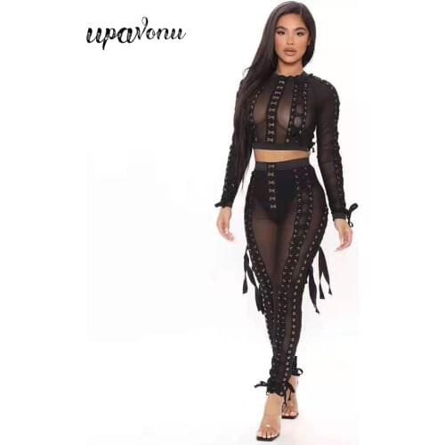Free Shipping 2021 Sexy Bodycon Mesh Lace-up Pencil Pants Set O-Neck Long Sleeve Mesh Short Top & Drawstring Pants Two-Piece Set