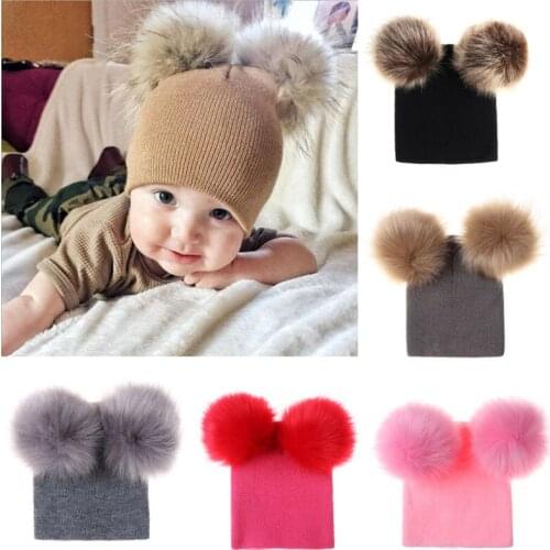 1-7Yrs Children Girls Fur Pom Cap Soft Knitted Hats For Baby Girls Boys Winter Crochet Ski Cap