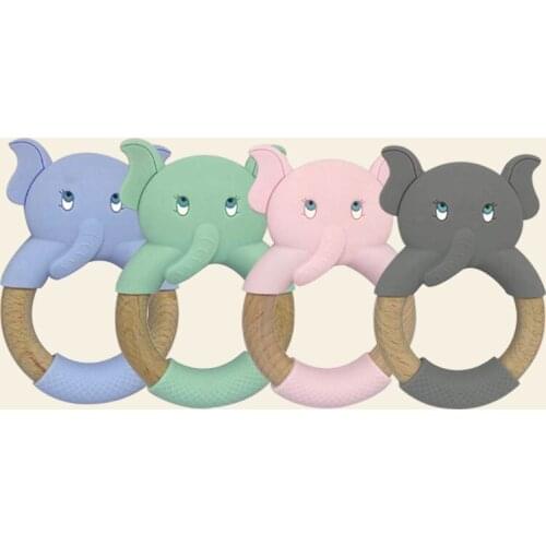 Baby Teether Silicone Toy Wooden Cartoon Elephant Teething Beech Wood Ring Newborn Oral Nursing For Baby Product