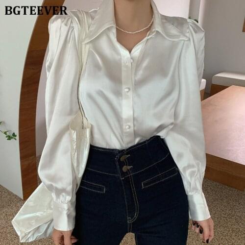 BGTEEVER Elegant Office Ladies Satin Shirts Tops Stylish Chic Puff Sleeve Single-breasted Women Blouses Spring Solid Blusas 2021