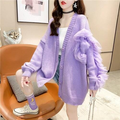EBAIHUI Cardigan for Women Spliced Lace Harajuku Sweater Coat Autumn Winter 2021 Korean Tops Oversized Knitted Cardigans