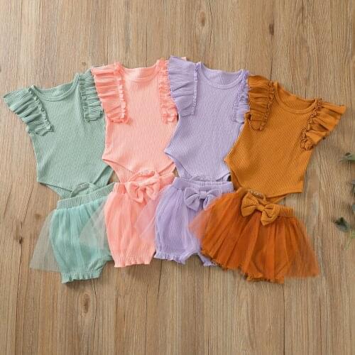4 Colors Baby Girls Two-piece Clothes Set Solid Color Round Collar Sleeveless Romper+Shorts with Mesh Casual Summer Outfits