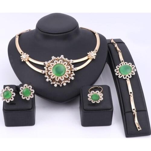 African Costume Cat Eyes Stone Jewelry Sets Gold Color Fashion Wedding Women Bridal Accessories Crystal Necklace Earring Set