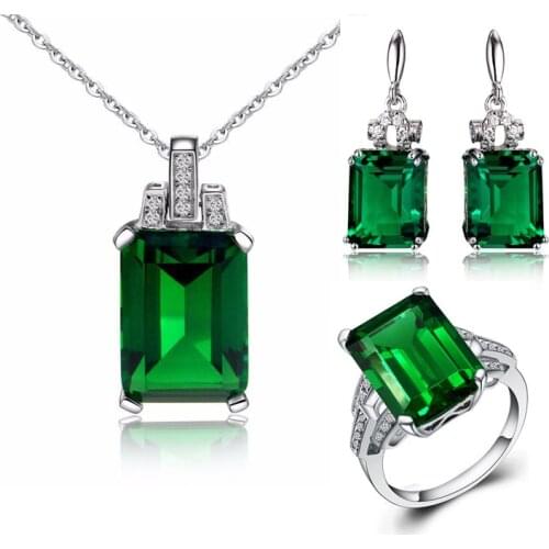 Ociki Silver Color Square CZ Green Crystal Necklace Earrings and Ring Jewelry Set for Women Girls Wholesale Gift Drop Shipping