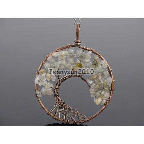 Natural Labradorite Gems Stone Reiki Chakra Chip Beads Tree of Life Healing Copper Pendant Necklace Jewelry Making 5Sets/Pack