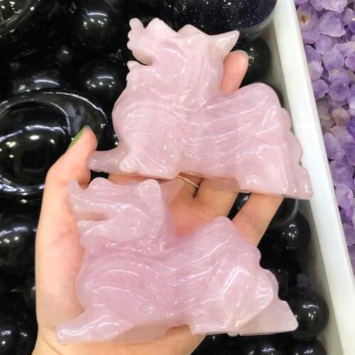 Natural rose quartz Kylin /Chinese dragon Statue Feng Shui Collectible Kirin Statue Home Furnishing Articles Animal Ornament