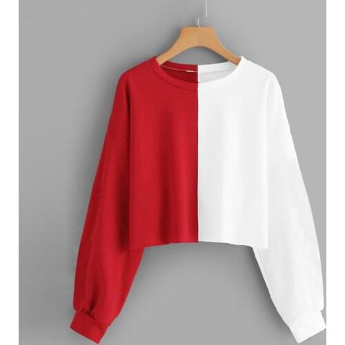 Autumn Women Sweatshirt Hoodie Hoody Long Sleeve O Neck Splice Pullover Black And White Red And White Patchwork Short Tops