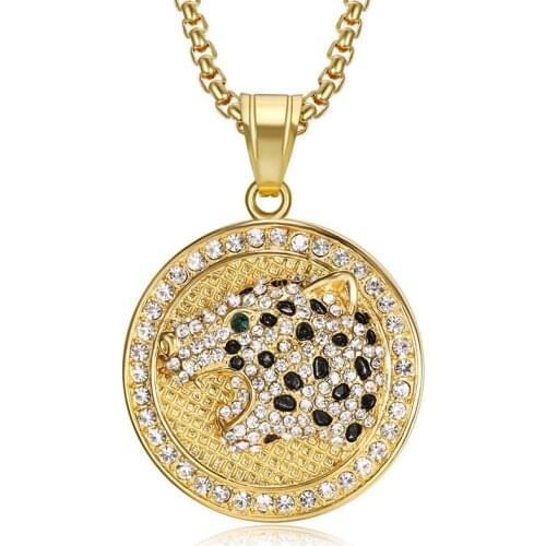 Hip Hop Rhinestones Paved Bling Iced Out Stainless Steel Animal leopard Panther Pendants Necklaces for Men Rapper Jewelry
