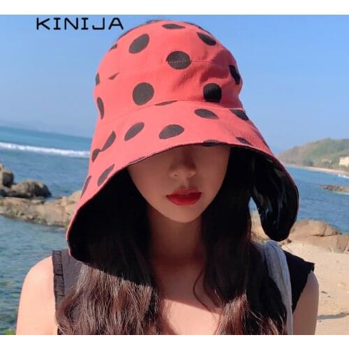 Women Summer Wave Point Sun Hat Large Wide Brim Anti-UV Foldable Beach Hat Floppy cap Cotton Panama Women ponytail bucket Hats