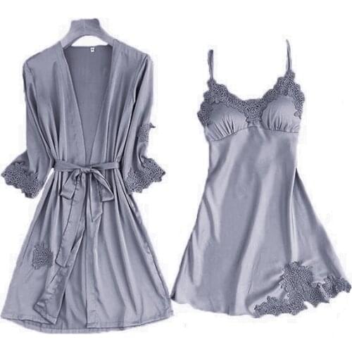 Satin Lace Pajamas Sets Womens 2PC Bride Wedding Sleepwear Pyjamas Spring Gown Nighty Robe Suit Home Wear Nightwear