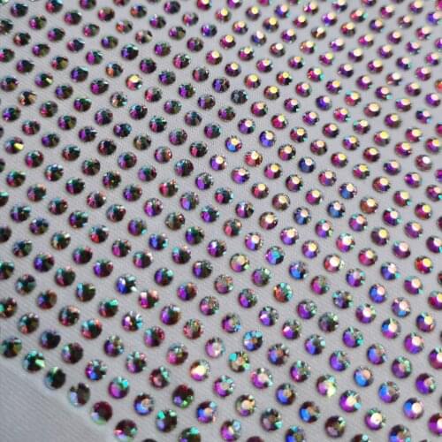 Hot Fix High Quality White AB Crystal Rhinestone Polyester Spandex Elastic Stretch Fabric Milk Silk